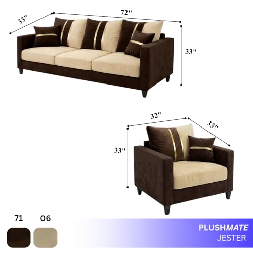 Image of Jester Plush Comfort Sofa Set | 3 Seater + 1 Seater + 1 Seater | Luxury Velvet Suede Fabric | Modern Living Room Sofa | Dark Brown - Beige