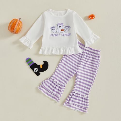 MAINESAKA Toddler Baby Girl Halloween Bell Bottom Outfit Pumpkin Ghost Patch Ruffle Tops Flare Pants Set 2 Piece Fall Clothes3