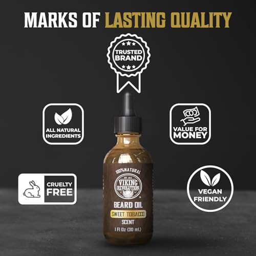 Image of Viking Revolution Sweet Tobacco Beard Oil for Men - Natural Mens Beard Oil with Argan Oil and Jojoba Oil - Beard Softener, Strengthens and Moisturizes - Beard Conditioner for Men (Sweet Tobacco,1Pack)