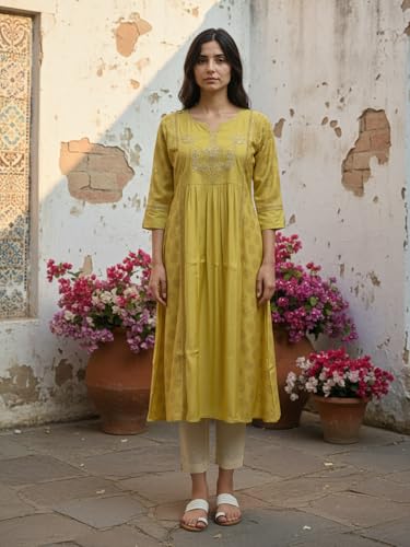 Image of rangita Mustard Poly Viscose Anarkali Embroidered Calf Length Kurta