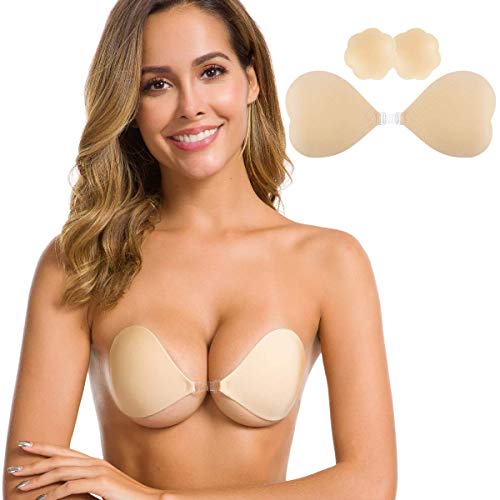 Niidor Push Up Strapless Bra Self-Adhesive Breathable Sticky Backless Nipple Cover Silicone Invisible Lift Heart Shaped Bra(Nude, C/D)
