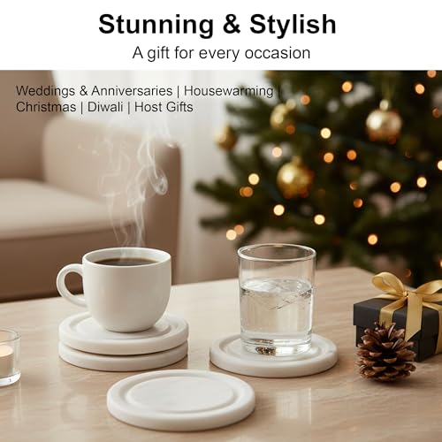 Wood Vibes White Round Inner Ring Marble Coasters Set for Coffee or Dining Table, Bar or Office (Set of 4, 10cm) by Wood Vibes - Image 3