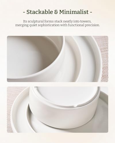 Image of Famiware Porcelain Dinnerware Set, 24-Piece Modern Plate and Bowl Set, dish set for 8, Microwave and Dishwasher Safe Tableware, White