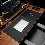 HAUTOCO Cork Desk Mat 80cm x40cm, Distressed Black PU Leather & Smooth Cloth Mouse Pad, Non-Slip Large Gaming Desk Pad with Stitching Edges for Office Home