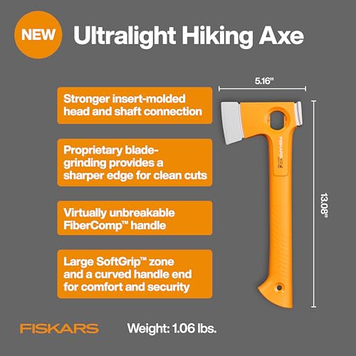 Image of Fiskars X13 Ultralight Hiking Axe 13 inch, Ultra-Sharp Forged Steel Blade for Efficient Chopping & Camping, 15% Lighter High-Visibility Orange FiberComp Handle Drives Tent Stakes, Sheath Included