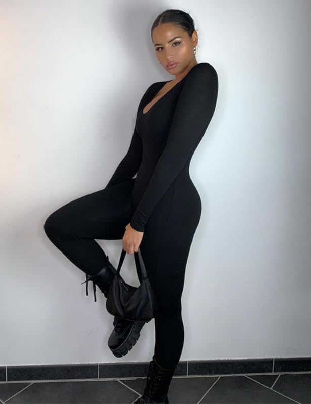Rongseng Jumpsuit Damen Langarm Rundhalsausschnitt Sport Jumpsuit Lang Eng Stretch Einteiler Bodycon Yoga Bodysuit Overall Nahtloser One Piece Workout Playsuits Sportanzug Trainingsanzug Club Outfit