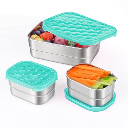 Image of Tanjiae Stainless Steel Lunch Snack Containers Set | Leak Proof 304 Stainless Steel Food Containers with Silicone Lids - Perfect Metal Lunch Box for School and Daycare (Green Orange Lunch, Medium)