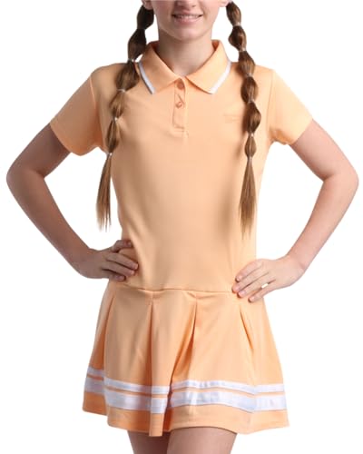Reebok Girls Tennis Dress - Performance Pique Pleated Skirt Short Sleeve Polo Athletic Dress for Golf, Tennis, Dance (7-12), Peach Glow, 10