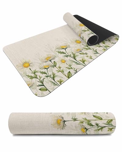 Debedcor Heat Proof Table Pads Waterproof Decorative, White Daisy Rustic Non-Slip Table Countertop Protector, Pastoral Flower Leaves Burlap Insulation Mat for Kitchen Room, 40 x 12 Inches