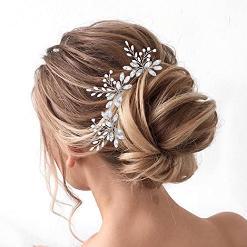 IYOU Bridal Wedding Hair Pins Sliver Sparkly Rhinestones Headpiece Pearl Crystal Bride Hair Accessories for Women (3 Pcs)