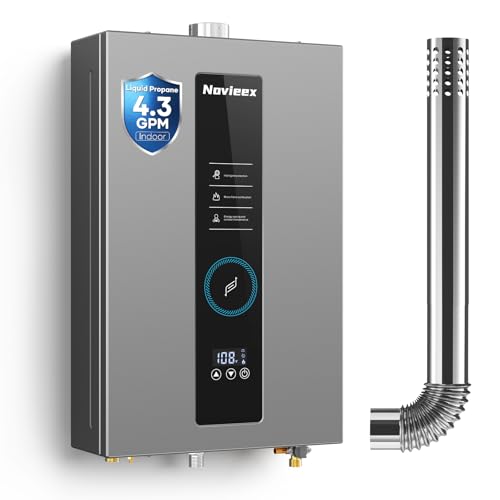 Tankless Water Heater, Novieex On Demand Water Heater Propane Gas, Up to 4.3 GPM, 100000 BTU Instant Hot Water Heater with LED Display, Indoor Installation, 2-4 Point Use for Family Bathroom Kitchen