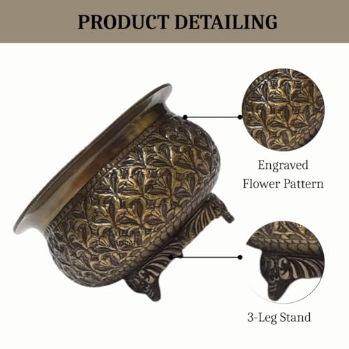 Image of Decorative Brass Chitai 7 inches Urli | Table Centerpiece Flower Floating Bowl | Urali for Mandap, Haldi, Mehendi, Wedding, Reception Decor | Brass Antique | 1000ml