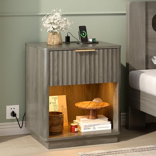 Image of VINGLI Night Stands Set 2 with Charging Station, LED Nightstand Fluted with Rounded Edge, 19 inch W Mid Century Modern Nightstand for Bedroom, Fluted Night Stand /End Table /Bed Side Table, Grey