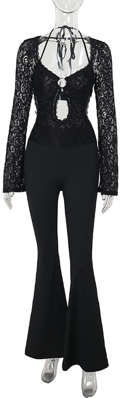 Molilove Women's Lace Jumpsuits Long Sleeve Halter Hollow Out Backless Flare Pants Rompers Sexy One Piece Outfits - Image 6