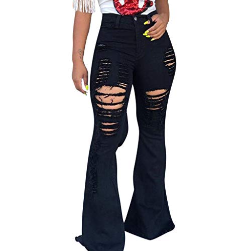 Womens Destoryed Flare Jeans Hight Waisted Ripped Jeans Bell Bottom Raw Hem Holes Denim Pants Skinny Comfy Stretch Distressed Jeans Black,XL