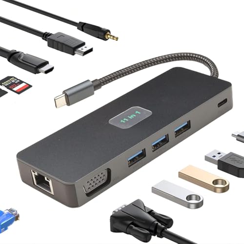 Adaptateur USB C 11 ports en aluminium brossé avec voyant LED de contrôle