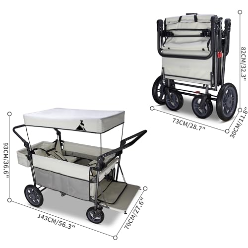 TOPWELL Bollerwagen faltbar, Handwagen mit Dach und Bremsen, Transportkarre Gerätewagen, klappbar, PU Vollreifen, bis 120 kg Tragkraft (Beige) – Bild 8