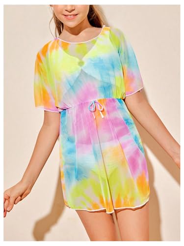 Milumia Girl's Tie Dye Sheer Bowknot Crew Neck Swimwear Cover Up Mesh Coverups4