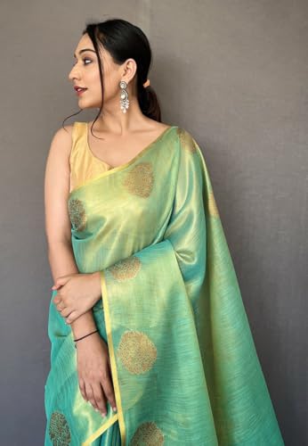 Image of SWORNOF Gold-Toned Woven Design Silk Zari Tissue Saree | Saree for Women | Soft and Skin Friendly