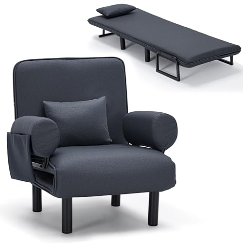 YINIX 4 in 1 Schlafsessel mit Bettfunktion, Klappbar Schlafsofa mit weich gepolsterten Armlehnen & Seitentasche, 6-stufig Verstellbar, Gästebett für Büro & Wohnzimmer, Dunkelgrau (63cm-Einzelsitz)
