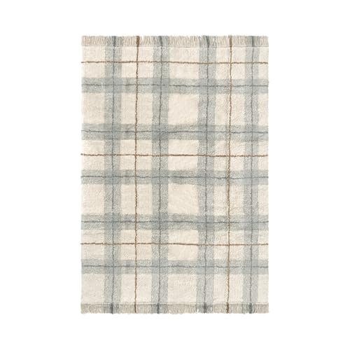 Lorena Canals Alfombra Lavable Infantil de algodón Tartán Azul Salvia, para Dormitorio, guardería, hogar 90x120 cm