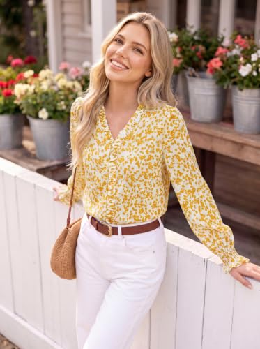 GRACE KARIN Womens Long Sleeve Boho Tops Ruffle Work Blouses Yellow L - image 6