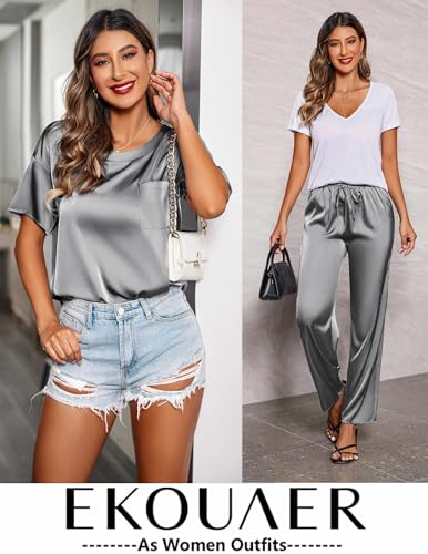 Image of Ekouaer Womens Satin Silky Pajama Set Short Sleeve Shirt with Long Pajama Pant Set Soft PJ Loungewear