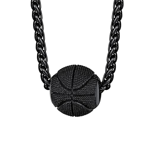 Black Basketball Necklace for Men Black Metal Plated Stainless Steel Ball Pendant Charm Sports Necklace for Athlete Sport Fans, with 22inch+2inch Gold Plated Spiga Chain