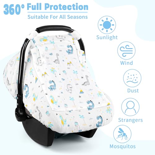 Image of Car Seat Cover Baby, HNHUAMING Muslin Cotton Carseat Covers for Babies Girls Boys Summer Infant Car Seat Covers Canopy, Cozy Newborn Carseat Covers Stroller Cover with Breathable Mesh Window, Dinosaur