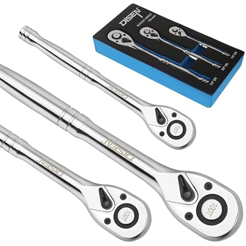 DISEN 3-Piece Standard Ratchet Set – 1/4", 3/8", 1/2" Drive with EVA Storage Tray | 100-Tooth Ratchet, Non-Slip Grip, Quick Release Button | Reversible Design with 3.6° Swing for Tight Spaces Cover