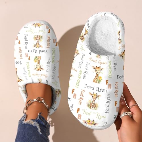 Personalized Name Slippers for Women/Men/Boys/Girls Custom Giraffe Cotton Slippers Memory Foam Non-Slip Fluffy Winter House Shoes Indoor and Outdoor Unisex Home Slippers3