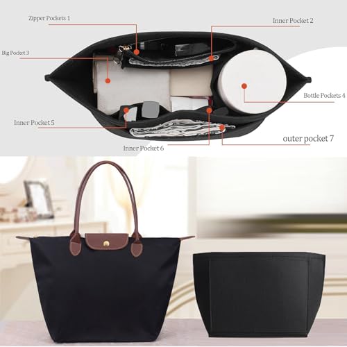 Nircho Taschen Organizer für Longchamp, Filz Handtasche Organizer mit Multi-Taschen, Große Kapazität Tascheneinsatz-Organizer Für Longchamp, Geldbörsenzubehör für Longchamp Tragetasche (Schwarz, L)
