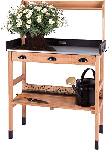 WONDERMAKE® Premium Pflanztisch aus Kirschbaum Holz mit Schubladen wetterfest, Garten-Arbeitstisch XL Outdoor draußen Balkon hochwertig,...