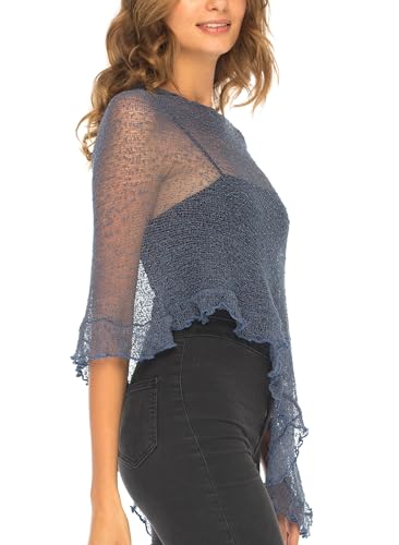 Image of SHU-SHI Women's Sheer Knit Poncho Shrug Lightweight Asymmetrical Ruffle Wrap Dressy Summer Shawl Cover Up Top