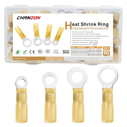 Chanzon 60pcs Heat Shrink Ring #10 M6 M8 M10 12-10AWG Terminal Kit Yellow