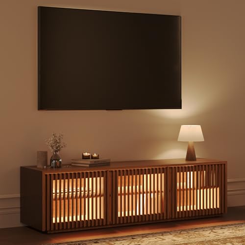 POVISON Mid Century Modern Wood Slatted TV Stand with LED