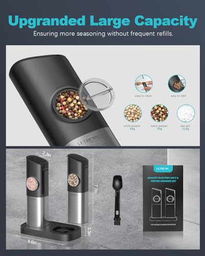 Ultrean Gravity Electric Salt and Pepper Grinder Set, USB Rechargeable With Dual Charging Base, Adjustable Fineness, Stainless Steel Construction, One Handed Operation, Auto Dust Lids, LED Light