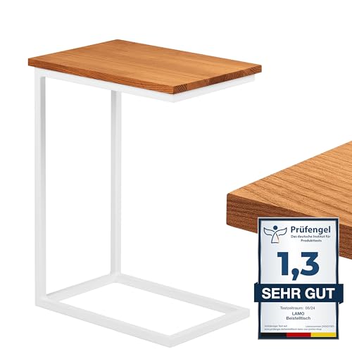 LAMO Manufaktur Beistelltisch | Laptoptisch | Sofatisch | mobiler Kaffeetisch | Nachttisch | 45x30x60 cm | Gestell Weiß | 100% Echtholz Massiv Platte Farbe: Rustikal