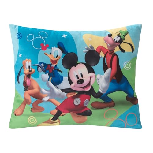 Disney Mickey Mouse Blue Red and Green Donald Duck Pluto and Goofy Fun Starts Here Decorative Throw Pillow