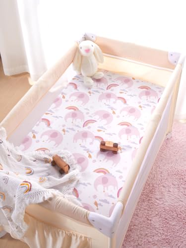 Image of TILLYOU Mini Crib Fitted Sheets - Soft Knit Sheet for Pack N Play, Microfiber Mini Crib Sheets, 38 x 24 Playpen Bedding Sheet for Baby 2 Pack, Machine Washable, Rainbow Elephant