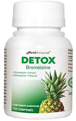 DETOX BROMÉLAÏNE | Puissant Et Efficace Drainant Et Diurétique Les 120 Comprimés Haut Dosage Avec Bromélaïne + Orthosiphon + Pissenlit + Fenouil | Purifie Et Détoxifie | Supplément De Bromélaïne