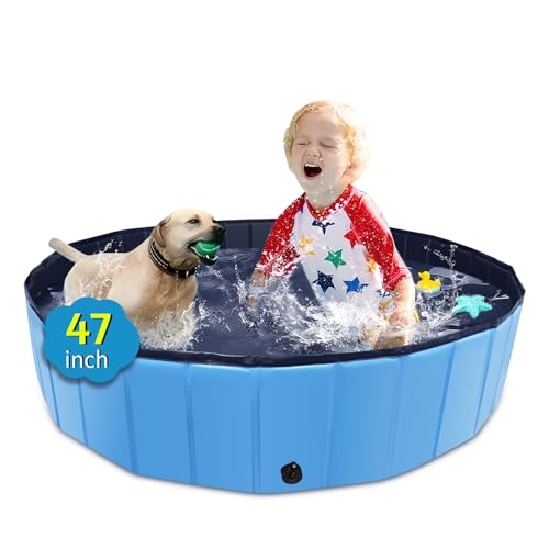 Image of CACSPS Foldable Dog Pool, 47" x 12" Kiddie Pool with Hard Plastic, Non-Slip Dog Bath Tub for Outdoor Backyard, Collapsible Dog Swimming Pool for Kids Dogs Pets (Blue)
