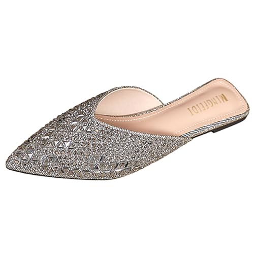 Rhinestone Flat Mules for Women Closed Pointed Toe Fashion Slip On Backless Slides Sparkly Dress Clogs Slippers (Grey,8.5)