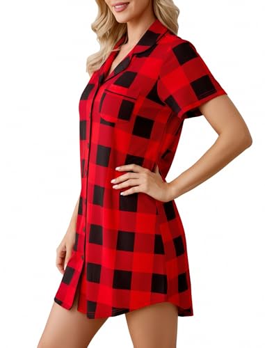 Image of Samring Pajama Nightgown for Women Short Sleeve Button Down Boyfriend Night Gown Nightdress Sleep Shirts