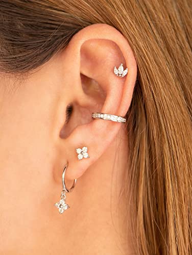Dainty Flower Shaped CZ Dangle Hoop and Stud Earrings Sets for Women, Drop Huggie Earrings with Cubic Zirconia Charm in Sterling Silver Gifts for Her3