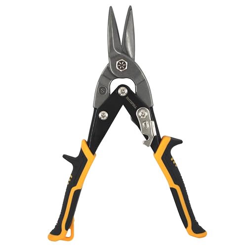 Faithfull Compound Aviation Snips 250mm (10in) – Straight Cut Metal Shears, Cr-Mo Steel, Serrated Blades with Safety Lock, Spring Action & Slip Guards for Steel, Aluminium, Vinyl & Plastic