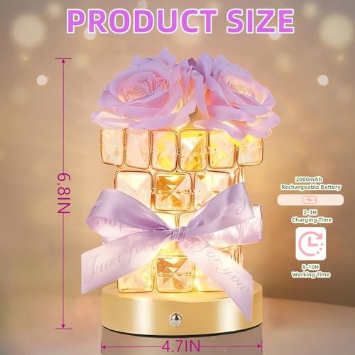 Image of Women Gifts Purple Rose Flower Lamp Cordless LED Touch Flower Night Light | 3-Colour Stepless Dimming,Rechargeable Small Flower Bedside Table Lamp,Birthday Gift for Women,Home Living Room Bedroom Decor