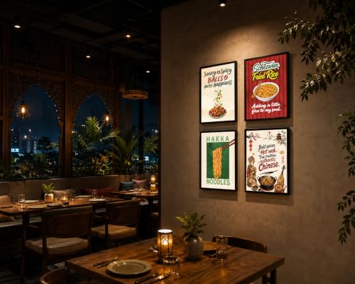 Image of Chaka Chaundh - Restaurant wall decoration items - Cafe quotes wall frames - manchurian walls frame - Fried Rice wall frame poster, Hakka Noodles wall frame, chinese food wall frame art. - Food frame poster wall art. ( 14X11 inch. Set OF 4 )