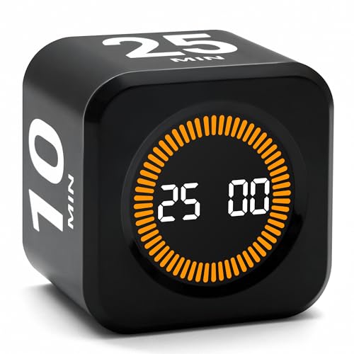 NGIFERA Visual Pomodoro Timer 5, 10, 25, 50 Minutes Preset, Desk Productivity Cube w/Gravity Sensor for ADHD, Mute Functions, Ideal for Work, Study, Kitchen, Back to School (1, Black)