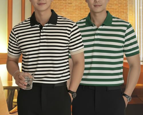 Image of MACK JONNEY Men's Cotton Polo T-Shirt | Regular Fit | Short Sleeve | Striped Casual Wear | Pack of 2 -MJ-1